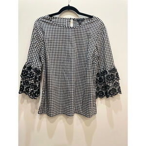 Tribal Gingham Embroidered Blouse M Black White Flare Sleeve Cottagecore